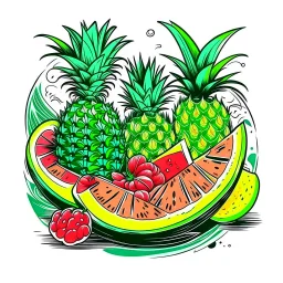 A tropical fruit platter with pineapple and watermelon slices, vibrant, refreshing, overhead lighting, T-shirt design graphic, vector, contour, white background