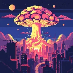 8 bit pixelart city, atomic mushroom cloud, synthwave, destroyed city