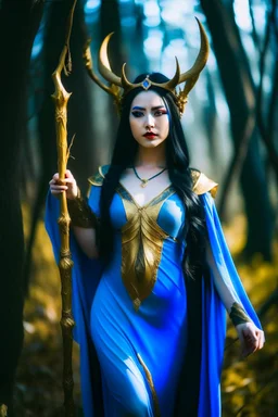 A picture of a beautiful blue faced Korean goddess with skin painted blue, blue body, blue torso, wild black hair, stag antlers, elven ears, golden skirt, holding a staff in a sunny forrest