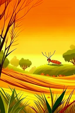 Trees，Warm color palette，Animation，The grasshopper stood on the rice field