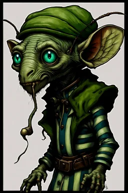 Artist Jean-Baptiste Monge style. A old biomorph male humanoid with Ant face. Bright eyes. A green and blue striped outfit. Modifiers: Tim Burton Craig Rutkowski Modifiers: neon glowing Iridescent black ink