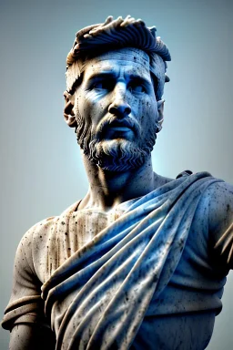 Ultra Realistic image, roman sculpture, deluxe white marble material, Lionel Messi, Laurel leaves wreath, Renaissance style, miguel angel David style, chisel style, emperor, waist up portrait, epic, celestial, cinematic lighting, God light, god rays, 4k resolution, smooth details, ornate details, unreal engine 5, blue vibrant background.