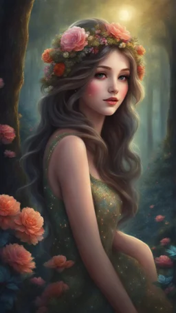 Painting of a beautiful girl, beautiful, haunted forest, flowers on her head, glitter dress, young girl, digital painting, fantasy art, pretty face, inspired by Thomas Kinkade, anime portrait, barbie face, big eyes, bright eyes, dream, trees, forest background, dark night, song, glitters background, fantasy, high quality, 8k