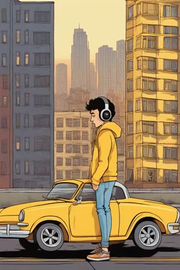 Full body illustration of a young man pensive while listening to music with headphones by a yellow car on the west coast of the United States. In the background is a distant cityscape and an old apartment building. The city is illuminated by the sunset, creating an overall nostalgic and emotional atmosphere. Cartoonish art style with lots of detail.