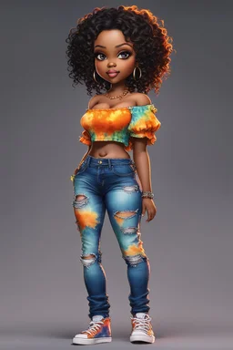 create a colorful digital urban culture art image 8k of a chibi curvy black female wearing torn jeans pants and a orange tie dye off the shoulder blouse. Prominent make up with hazel eyes. Highly detailed long tight curly PONYTAIL