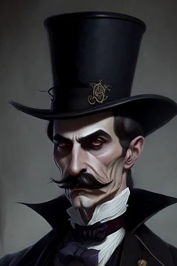 Strahd von Zarovich with a handlebar mustache wearing a top hat while looking disdainful