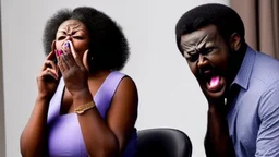 angry black lady screams at her phone while Tyrone who is somewhere else is laughing at her at the phone