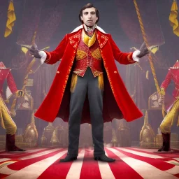 circus ringmaster alone in dimly lit circus tent, garish red coat, 1800s, chiaroscuro lighting , 8k UHD, matte painting, illustration, renaissance, artwork, high-quality, intricate detail, dark circus, night circus, creepy, rocco, greg rutowski, howard lyon, alphonse mucha