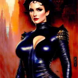 Drawing of beautiful face,'beautiful ,Busty Catwoman',intense stare, ancient skintight armor, balanciaga fashion clothe painting by gaston bussiere, greg rutkowski, yoji shinkawa, yoshitaka amano, tsutomu nihei, donato giancola, tim hildebrandt, Oil on canvas, cinematic composition, extreme detail,fit full head inside picture,16k