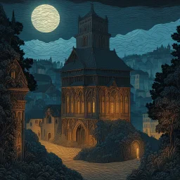 museum quality color woodcut landscape of a dark, otherworldly, and foreboding medieval Italian tower house thickly veiled in dense fog , with highly detailed stonework in 10th century Florence , at midnight, in the style of Gustave Baumann, with a fine art aesthetic, highly detailed, finely cut ,8k render,