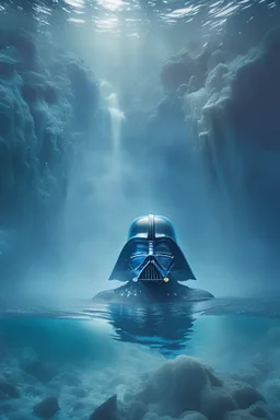 Photoreal darth vader hiding in atlantis under water in mystical fog waters