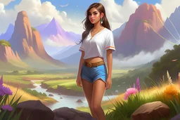 Digital art, high quality, digital masterpiece, natural illumination, realistic, (full body:1), (1 Beautiful Peruvian girl:1.2), (Brown hair:1.2), (Cute eyes:1), (Cute smile:1), (White Blouse:1), (Brown Denim Shorts:1), Peruvian Valley, (Rainbow Mountain:1), (Vinicunca:1), (Cacti at background:1)