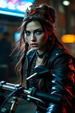motion blur cyberpunk young biker Jennifer Connelly royal vampire with head band mods painted by Rembrandt and Titian and Giger