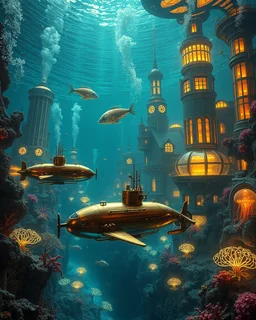 A photography-style image of a futuristic underwater steampunk city. Brass and copper submarines shaped like whales glide through glowing coral reefs, while clockwork fish and mechanical jellyfish illuminate the ocean floor. Towers made of glass and metal rise from the seabed, their windows glowing with warm golden light. Steam bubbles rise gently, mingling with bioluminescent plankton that sparkles like stars in the water