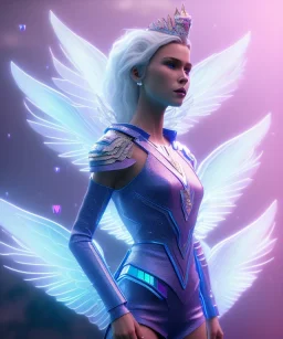 A crystalised queen, atmospheric, realistic, unreal engine, cinematic lighting, octane render. blue, pink, transparency, light, shine,bright, full body, transparent wings, blonde, long hair, nice smile