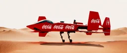 Coca-Cola Branded unmanned combat aerial vehicle, middle east Desert, cinematic, Fuji Film, Anamorphic lens, 2040s, deep depth of field, in a Cyber punk WW3 film