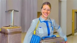 housekeeping smirking while taking baggage