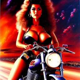 portrait of busty beautiful 'Female Rider on Akira Bike(1988)',painting by Earl Norem, simon Bisley, evan lee, 86-86, oil on canvas, cinematic composition, extreme detail,fit full head inside picture,8k