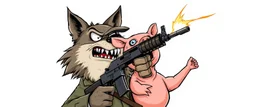 wolf biting carrying a scared pig general pointing uzi gun up into the air, stupid cartoon, airbrush and pen outline