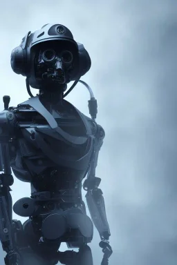 Robotic black uniform American soldier, high tech special forces helmet, navy seals soldier, G.I. Joe, white smoke, dark, rage, sorrow, high definition, ultra 8 k, volumetric lighting, blue fire, fog