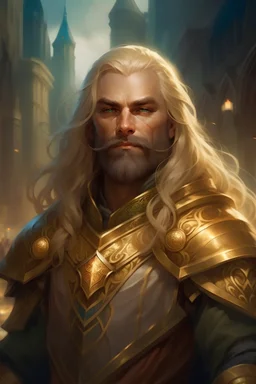 Generate me a male D&D character who is an middle aged king with glowing golden eyes wearing elaborate armor. They have long pale blonde hair and a short beard, along with old skin. And a crown, The background should be a city street.