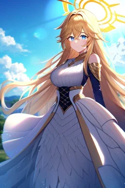 girl, masterpiece, best quality, cinematic lighting, detailed outfit, vibrant colors, perfect eyes, blue eyes, long hair, golden hair, messy hair, hair between eyes, depth of field, ray tracing, halo, outdoors, clouds, sun, light rays, god rays, lens flare, white wings, armored dress,