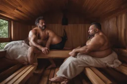 full body shot photography, two muscular chubby ugly burly marocan men , sweat, bulge, masculine hairy 43 year old man, curly hair, manly chest, curly beard ,big shoulders, big arms, big legs, bulge,, ambient occlusion , lying down sleeping in a steamy Sauna, super high resolution, 8k, dim light, side light, ultra hyper realistic, frontal view