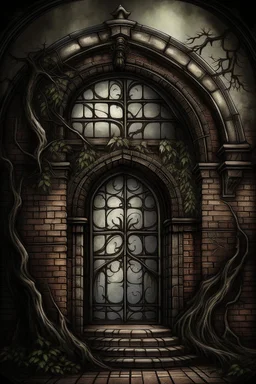 magic building, round windows, door, brickwork, ornament of branches and leaves, mysticism, fantasy, Gothic detailing, grunge canvas, oil, magic, fantasy, soft illumination, haze, ink, fine drawing, megadetalization, megarealism, drawing in colored ink, dark tones