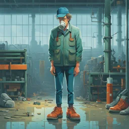 an very sad transparent drinking glas man with legs and shoes, working clothes, in a factory, nobody cares about the empty glas, that is why he is so sad :( , he had worked 30 years in the factory and never had a salary increase, tears in his eyes, simon stålenhag cartoon style