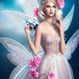 fantasy fairy with transparent wings, smiling, make up, long platinum blond hair with crown and flowers, pink dress