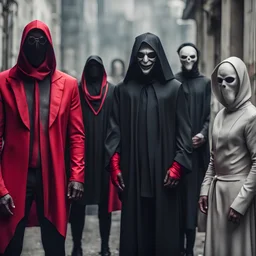 a creepy cult of shrouded in onyx skin tight LYCRA faceless masks, hoods and suits with an evil priest in red sunglasses and clothing standing next to a very tall, very muscular member and grinning