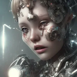 portrait closeup face crying and shout half hitomi tanaka half cyborg middlecyborgs post-apocalypse in a cyberpunk city, sci-fi fantasy style, volumetric lighting, particales,highly detailed,cinamatic, intricate, deep colours,