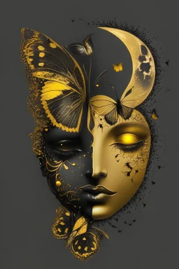 black and gold sun and moon with face with butterflies