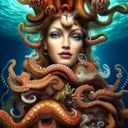 high-quality, fine-detail portrait of gorgeous, stunning goddess with octopus as hair, coral reef exoskeleton, underwater, 8k resolution, 3D octane render, intricate, digital art, detailed matte, volumetric lighting, George Grie, Anne Dittman, Anne Stokes, Lisa Parker, Selina French,