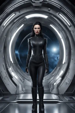 photorealistic slim woman looking like Drusilla with black boots standing at the entrance to a spaceship