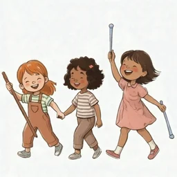 children joyfully walking. Left most child is carrying a parade leader's staff. Right most child is holding drumsticks. improve quality but maintain style