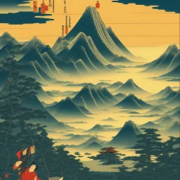 Ukiyo-e, mountains, sun