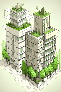 Give me a sketch of two buildings, one medium square, one floor, which is full of plants and a place for meditation, and the other building is polygonal and a bit bigger than the first one, and has two floors.