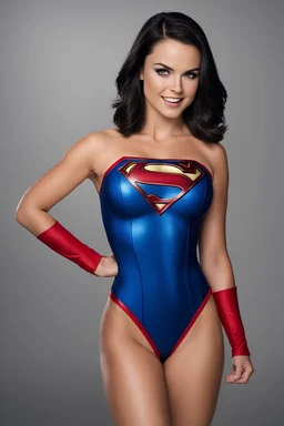 the actress Dillion Harper with Black hair as Supergirl the Sports Illustrated swimming suit model - 32k, UHD, glossy, professional quality 8 x 10, 35mm, studio photograph