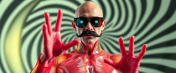 gesture pose, hot dog magic, blissfull genious, ultra chromatic, cyber jobe, flying yoga magic , lawn mover man movie character, portrait of upper body of cool transparent guy made with nano tape and with shades and mustache and bald head, saw blade beholder eye tyrant flating beholder kin with eyes on each saw blade tooth saying something profound, hypnotic zebra twirl background, with chrome reflections, like he is floating in a giger cartoon