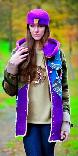 Brunette she. average body type. Mantle is sewed of recycled Denim and sewed together of camouflage pieces. Camouflage colors are orange,terracotta, cream and purple. It is with big bright purple felt tippet and cream-colored-hood. mantle is merged with satchel. . AKG-style headphones (gold rings!) is merged with small felt cap with small visor. Style: Haute Couture in 1936, Paris fashion in 2023, inspired by street art. Cream latex gaiter. Her head and rest body!