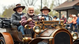 Elderly pensioners riding a steampunk model-T ford. Everyone is happy. Photographic quality and detail, award-winning image, beautiful composition.