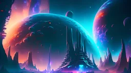 alien world with mega structures beyond imagination. 4k, highly detailed, ultra realistic cinematic lighting, 8k, vivid and colorful lighting, surreal photography, portrait. nebula sky. natural tones