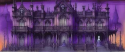 A violet haunted mansion filled with ghosts painted by Leonardo da Vinci