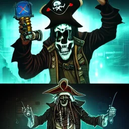 a cyberpunk hacker pirate captain skeleton holding beer with a pirate hat sitting in front of a huge old crt monitor in a dark room , only light coming from crt monitor, highly detailed, intricate, digital art, trending on artstation, trending on cgsociety, by greg rutkowski