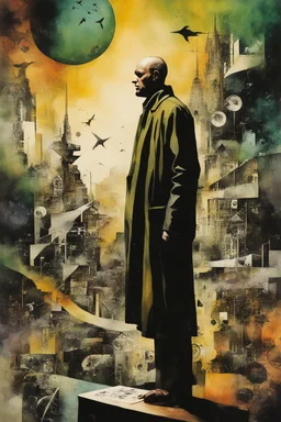 Time marches beyond the boundaries of the finite mind, neo surrealism, striking, atmospheric, dreamlike, in the graphic novel style of Dave McKean, stylish, vibrant colors, asymmetric, disjointed, non linear, photographic collage, watercolor underpainting