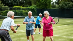 Elderly pensioners playing tennis doubles on a grass court. Everyone is happy. Photographic quality and detail, award-winning image, beautiful composition.