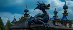 A dark blue dragon on top of a palace painted by Claude Monet