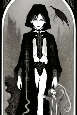 7 year old boy, necromancer, friendly, looks dead,with a long lamprey emerging from his belly , wearing black robes, in the style of Harry Clarke