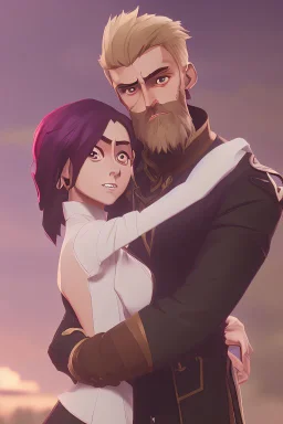 Anime man with beard, handsome and happy, holding wife. Romantic and in love